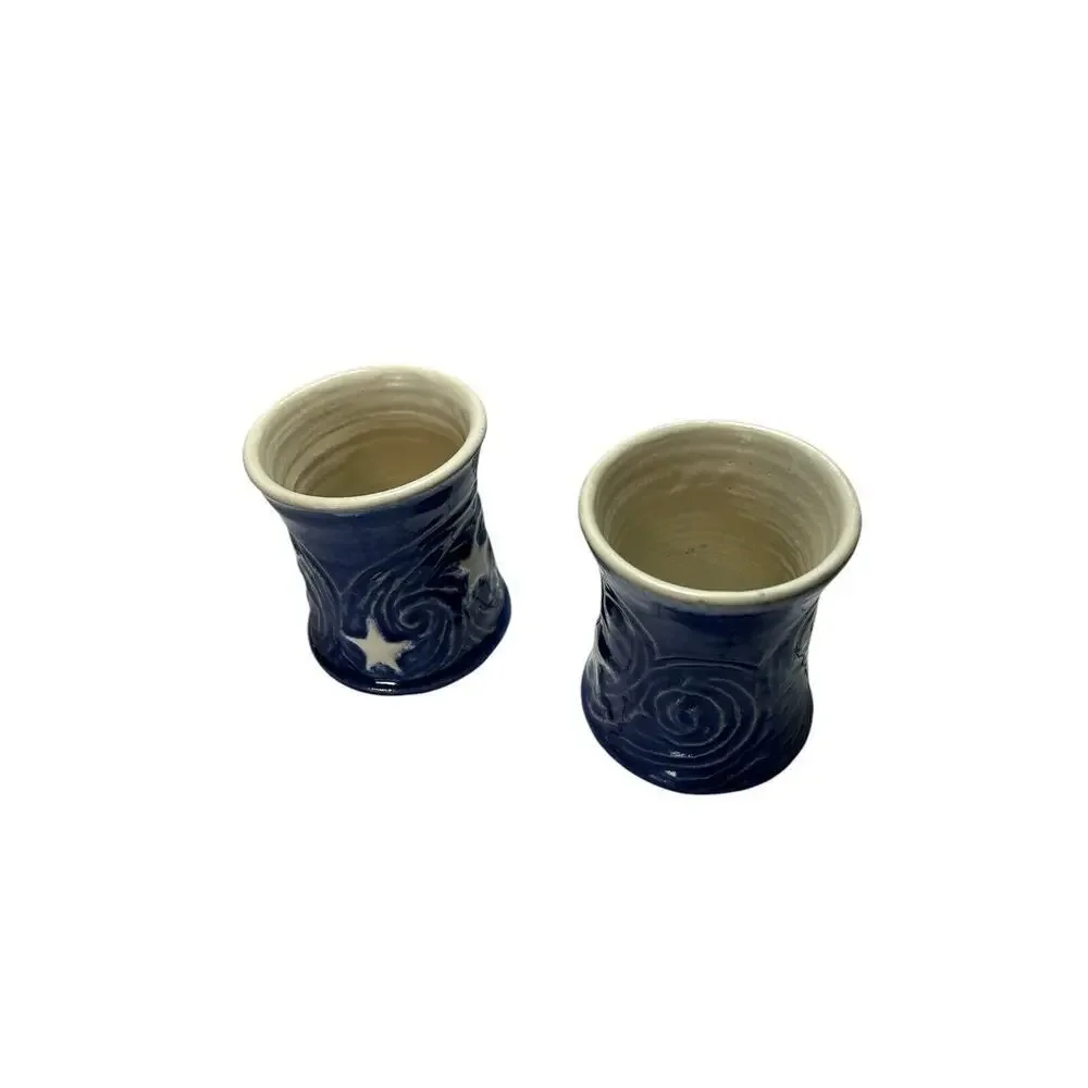 Handmade Art Ceramic Pottery Pair Of Sun And Moon Mugs Blue And White 2 Cups